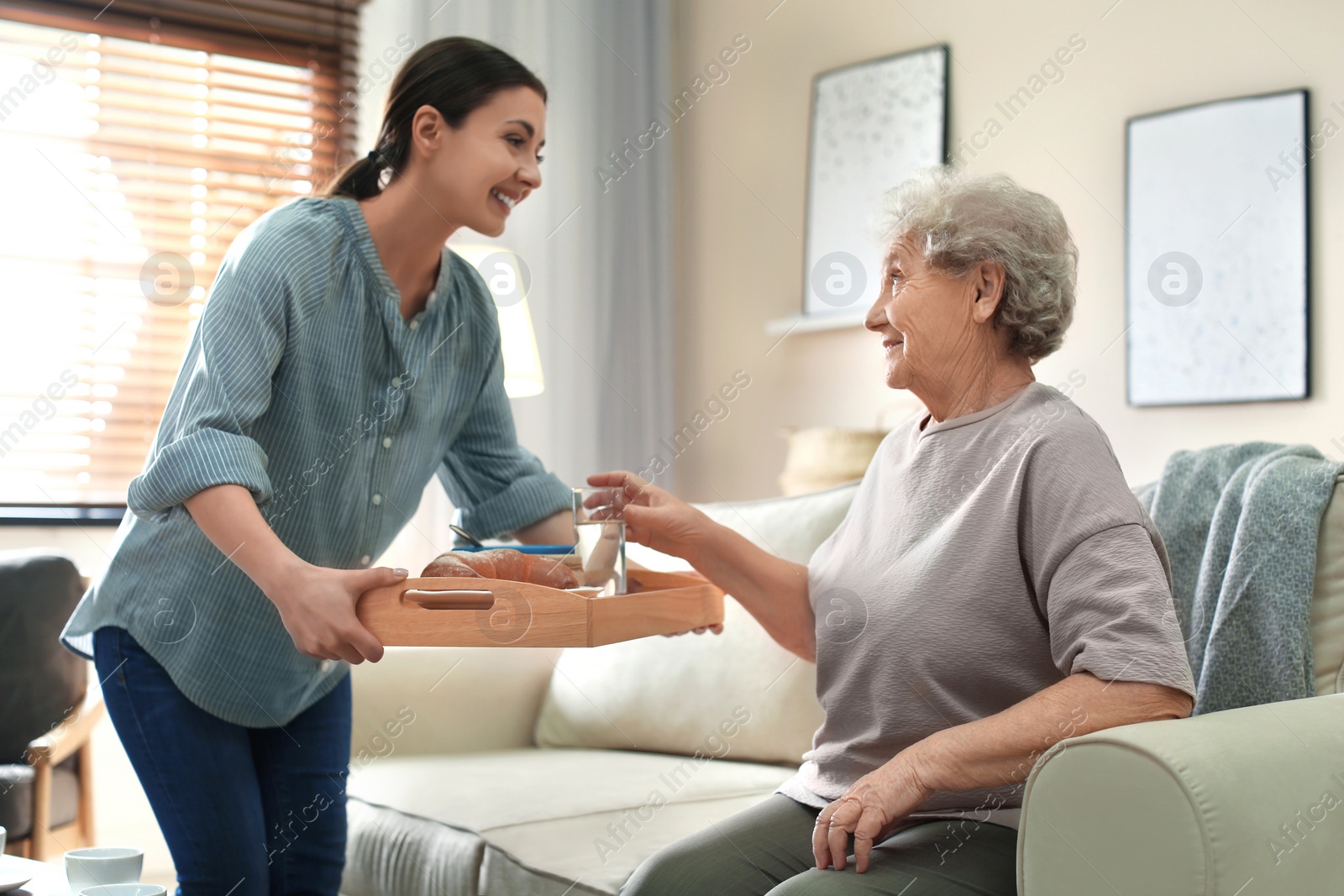 Photo of Young woman serving dinner for elderly woman in living room. Senior people care