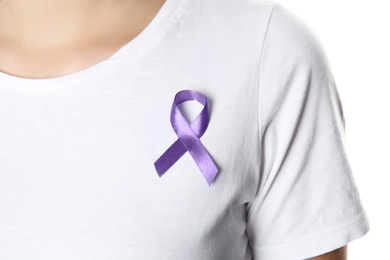 Photo of Woman with purple ribbon on white background, closeup. Domestic violence awareness