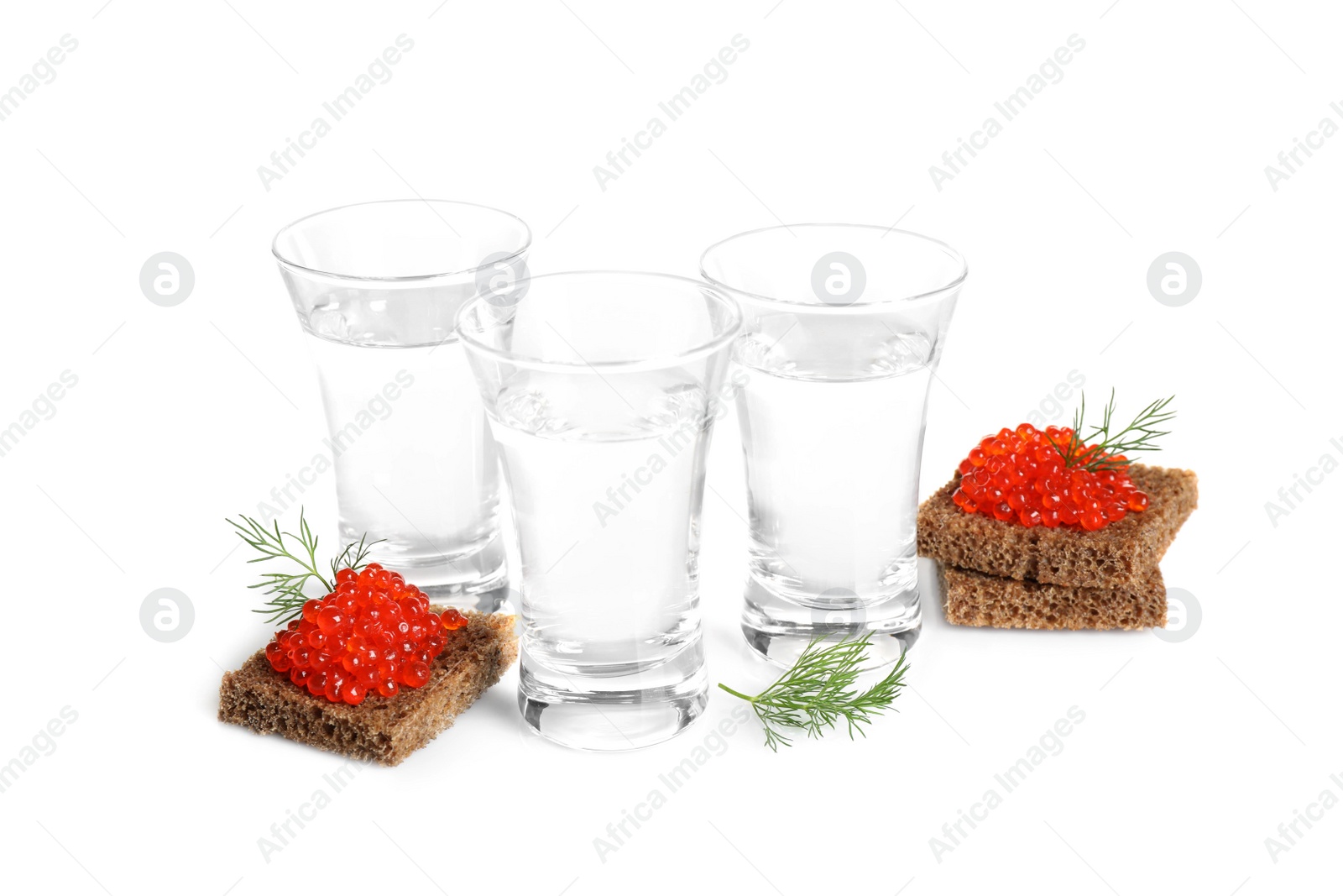 Photo of Russian vodka and red caviar sandwiches isolated on white