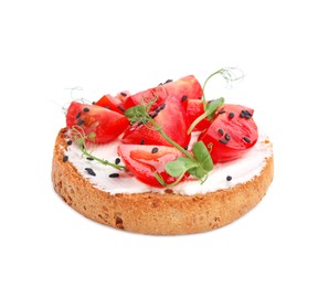 Photo of Tasty rusk with cream cheese, fresh tomatoes and black sesame seeds isolated on white
