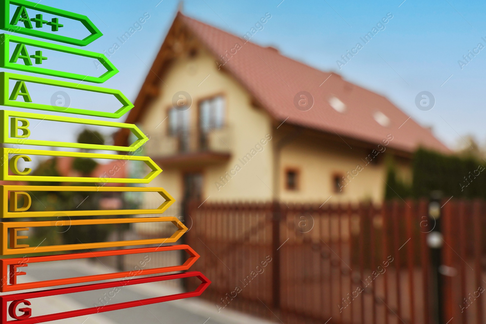 Image of Energy efficiency rating and blurred view of house outdoors