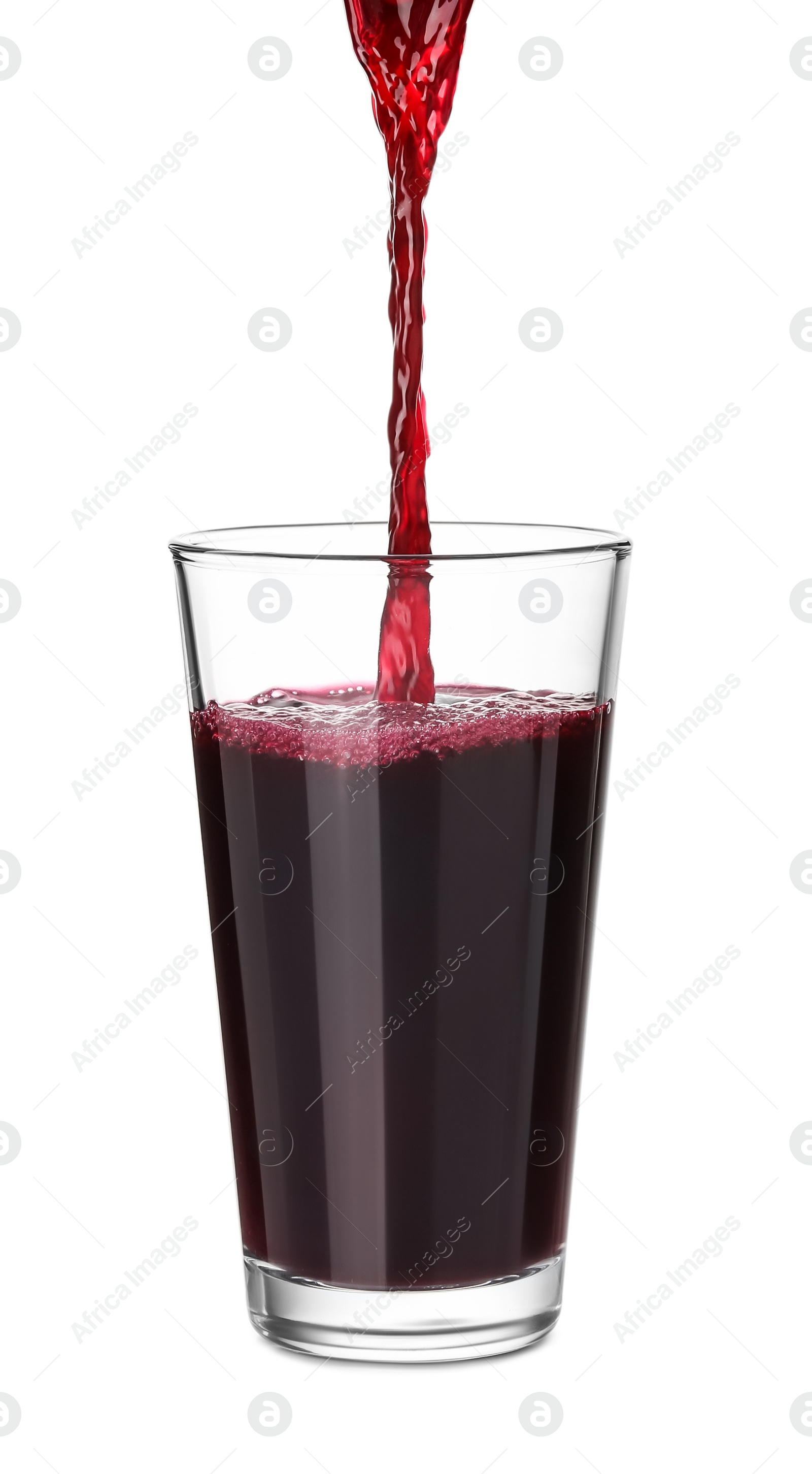 Photo of Pouring fresh juice into glass on white background