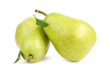 Tasty ripe pears with leaf on white background