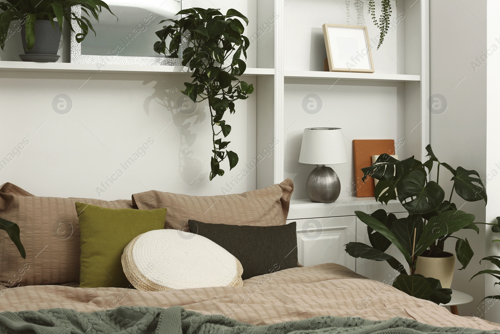 Photo of Comfortable bed and different houseplants in bedroom. Interior design