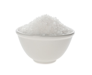 Photo of Bowl with natural salt isolated on white