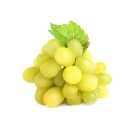 Photo of Bunch of green grapes with fresh leaf isolated on white