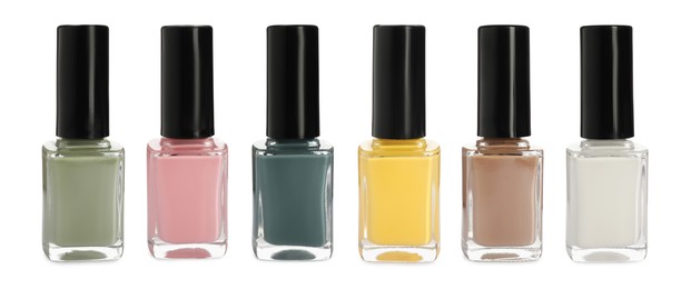 Image of Nail polishes of different colors isolated on white, collection