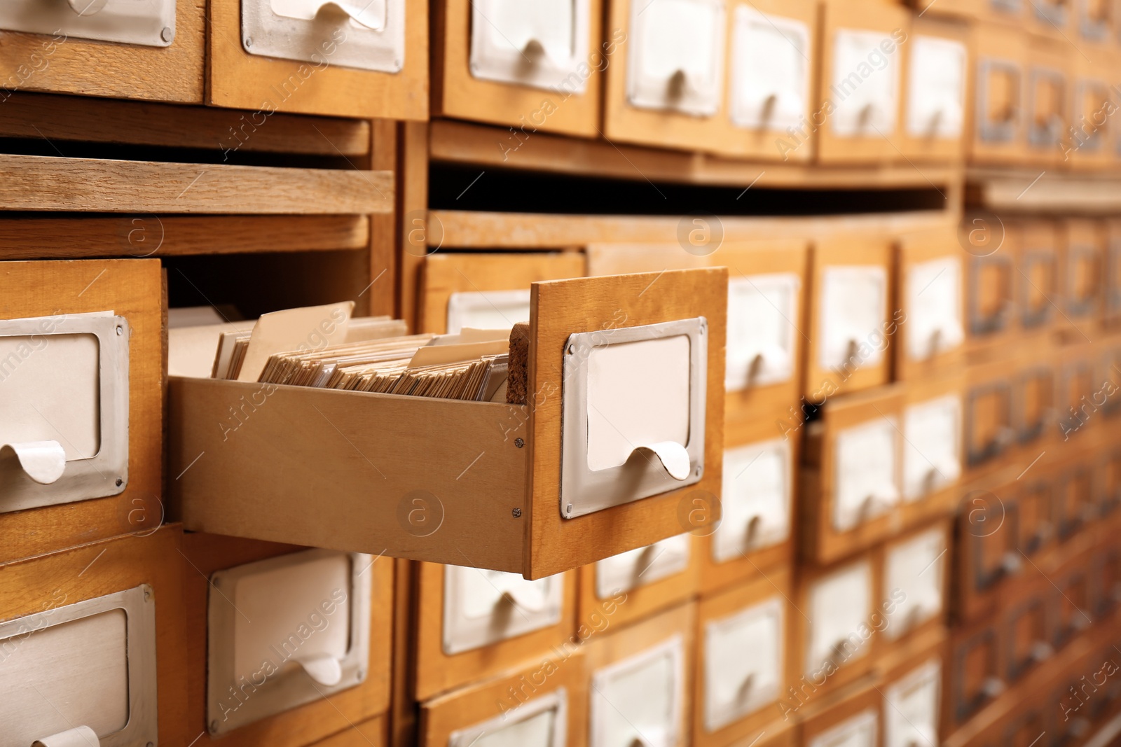 Image of Closeup view of library card catalog drawers