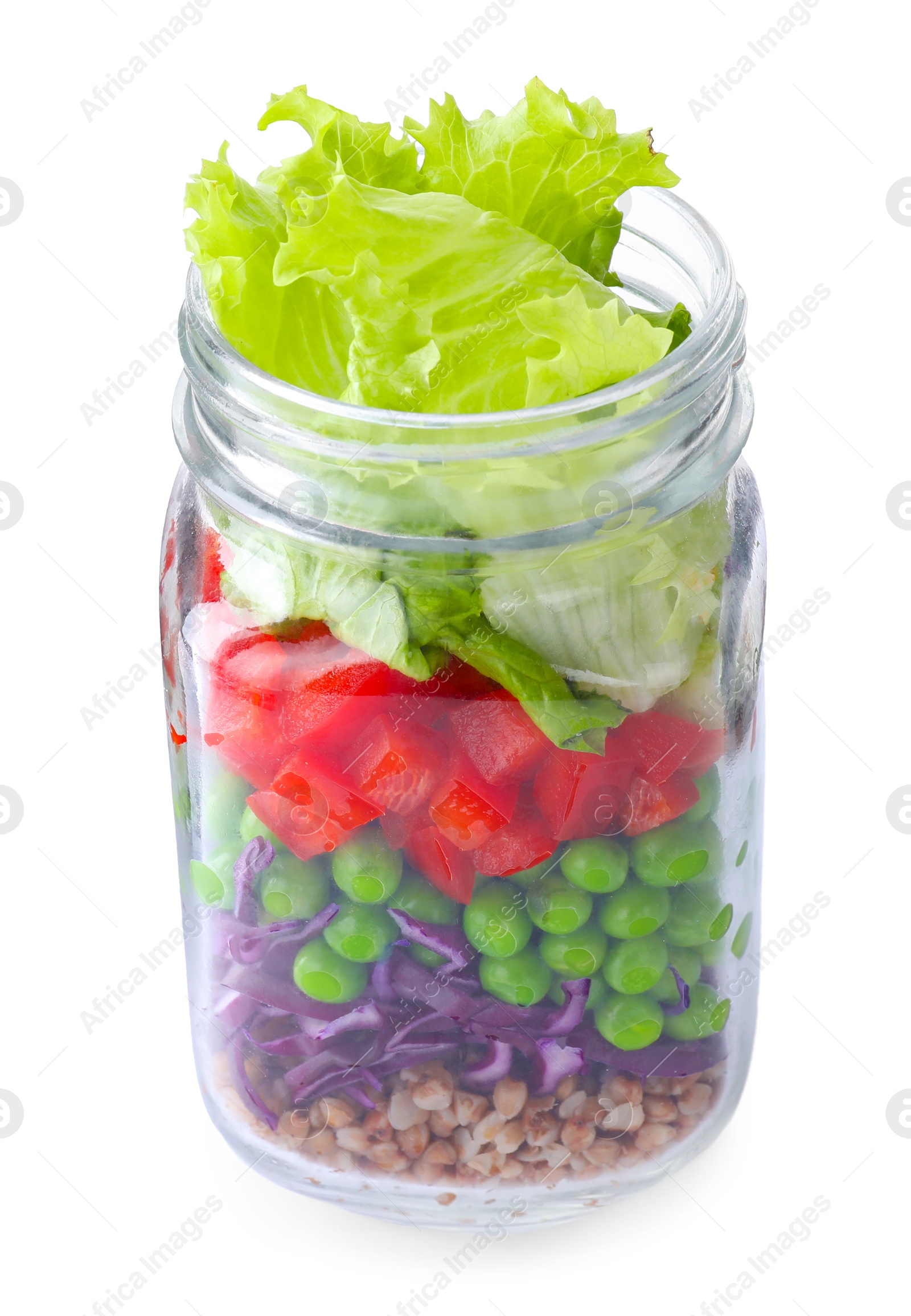 Photo of Healthy salad in glass jar isolated on white