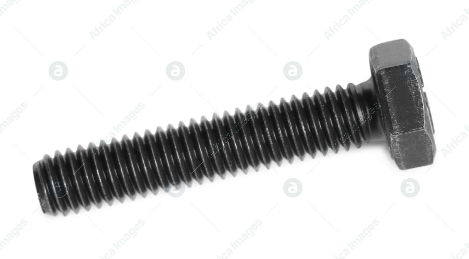 Photo of One metal bolt on white background, top view