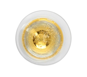 Photo of Glass of champagne on white background, top view