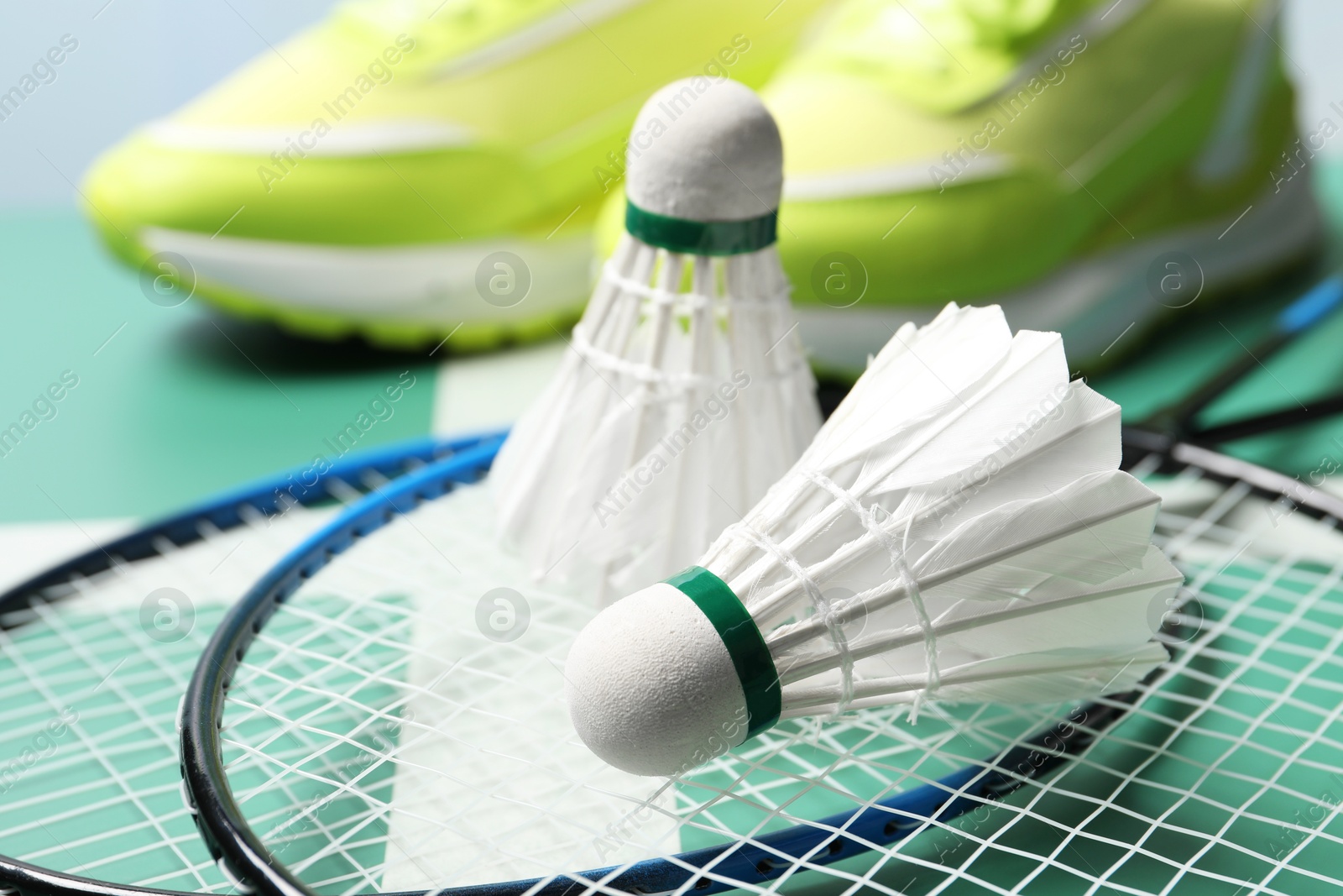 Photo of Feather badminton shuttlecocks and rackets on court, closeup