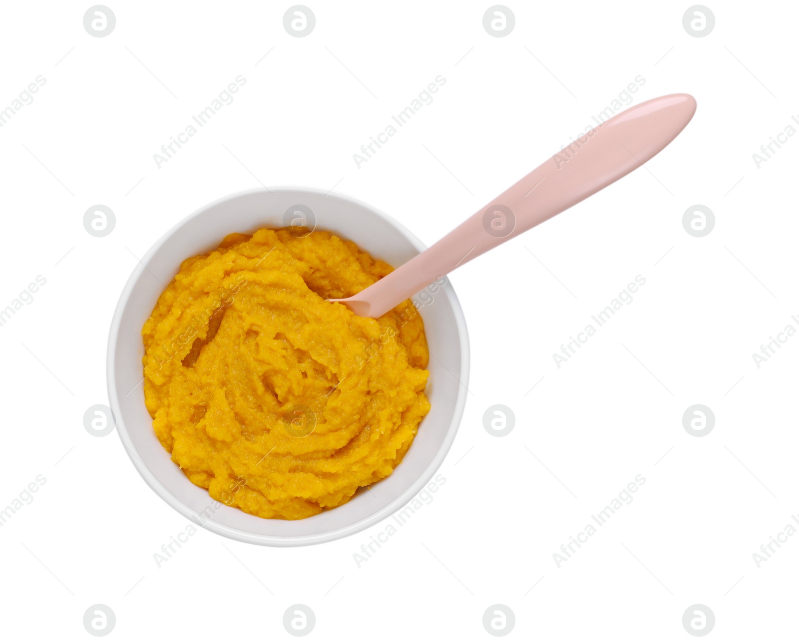 Photo of Bowl with healthy baby food and spoon isolated on white, top view