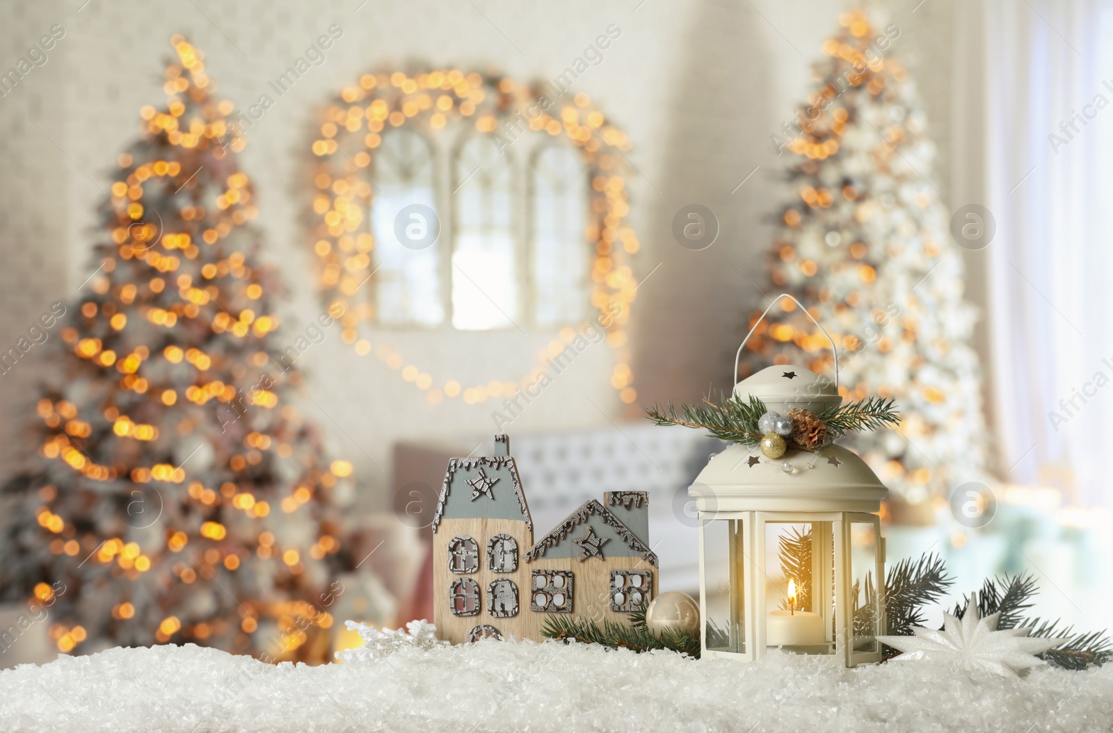 Image of Composition with Christmas lantern in decorated room