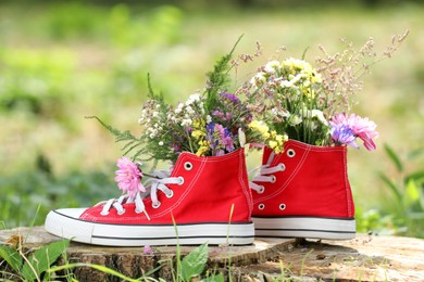 Beautiful flowers in shoes on stump outdoors