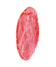 Photo of Cut fresh tasty sausage on white background