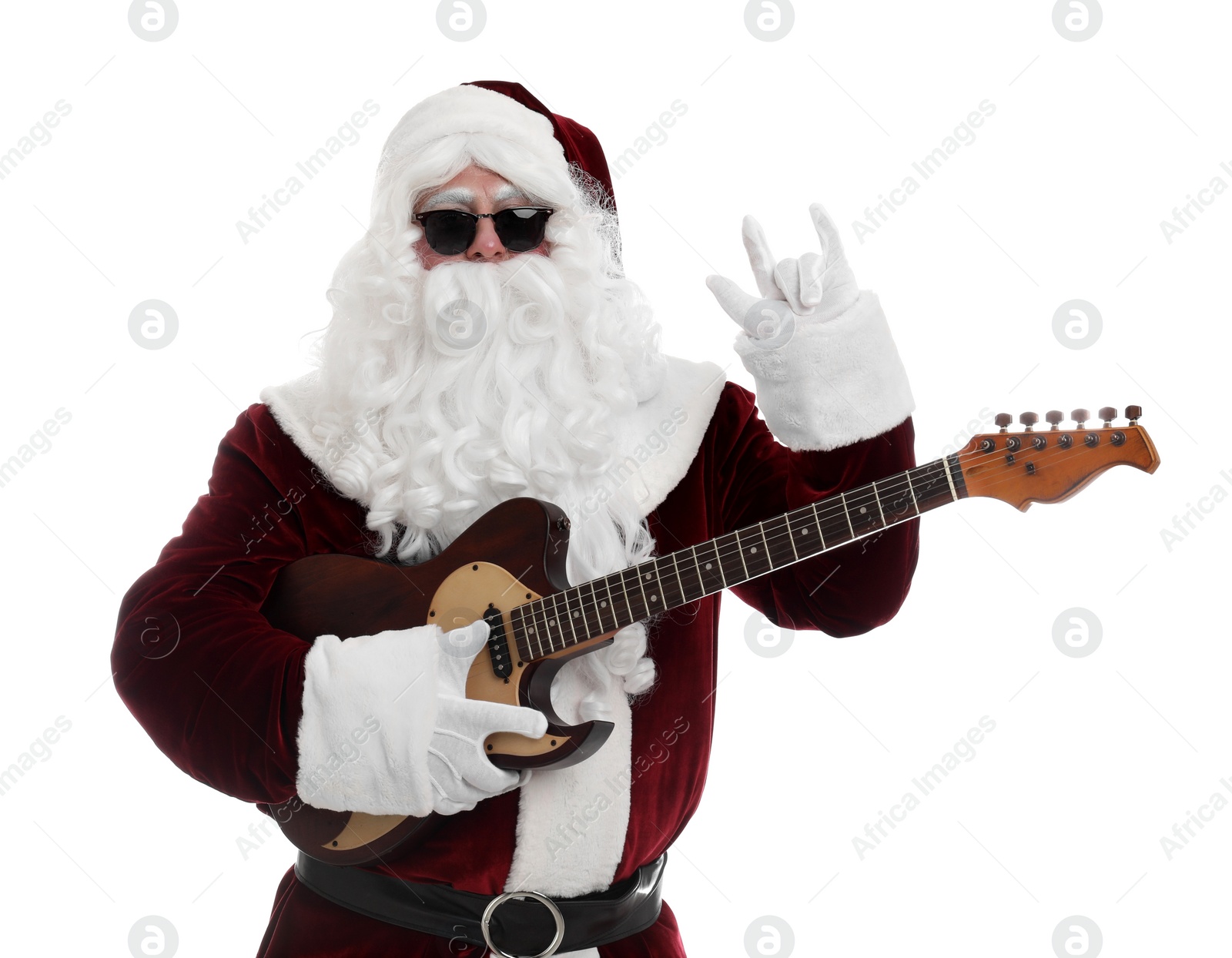 Photo of Santa Claus with electric guitar on white background. Christmas music