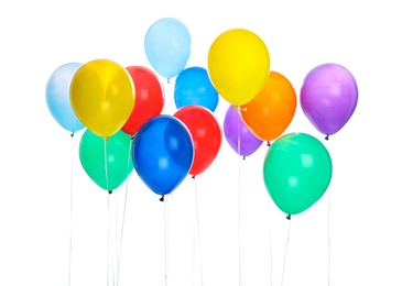 Colorful balloons on white background. Celebration time