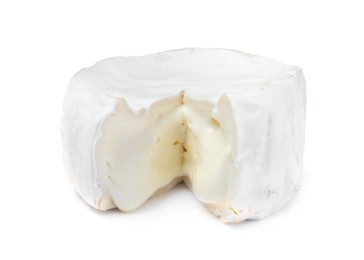Tasty cut brie cheese isolated on white
