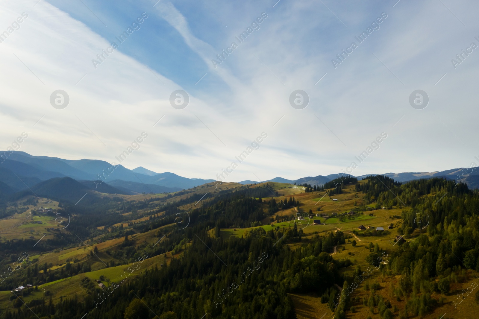 Image of Picturesque view of mountain landscape with forest in morning. Drone photography