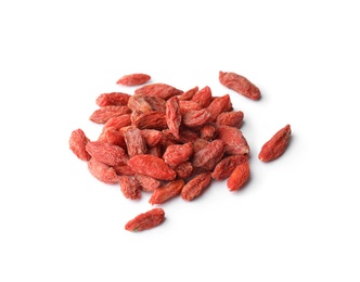 Pile of dried goji berries on white background