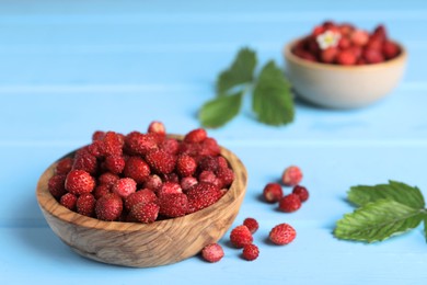 Photo of Fresh wild strawberries in bowl near leaves on light blue wooden table