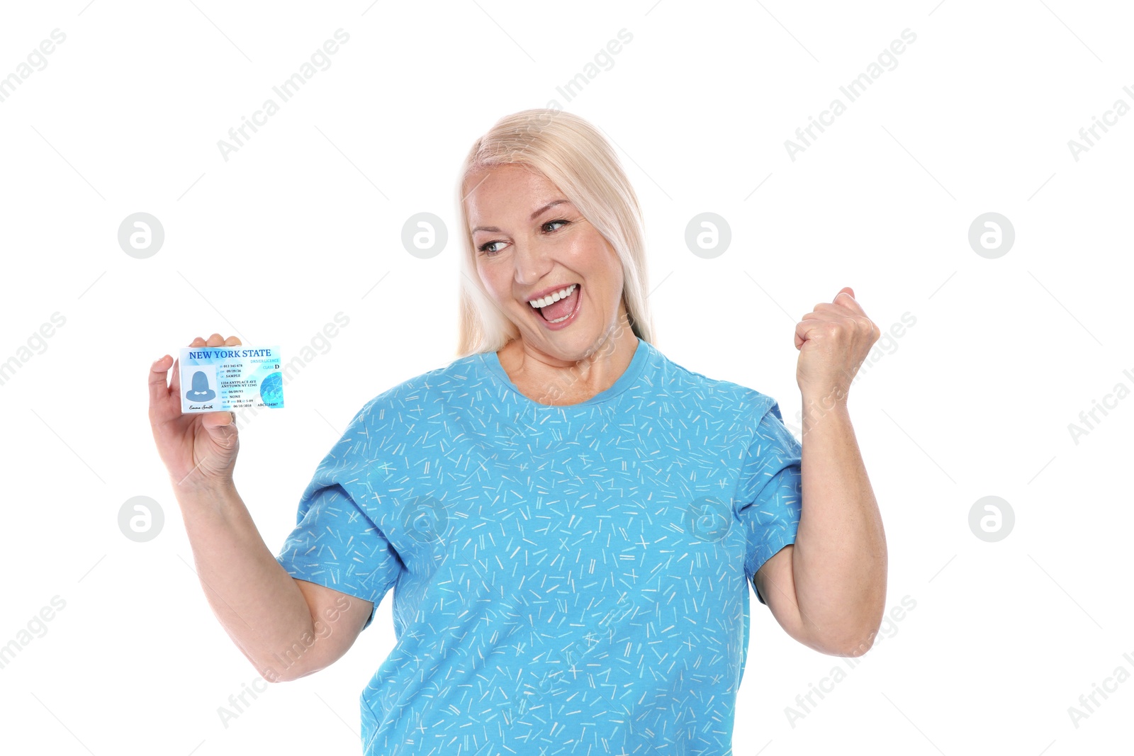 Photo of Happy mature woman with driving license on white background