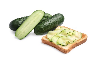 Photo of Delicious toast with cream cheese and cucumber isolated on white