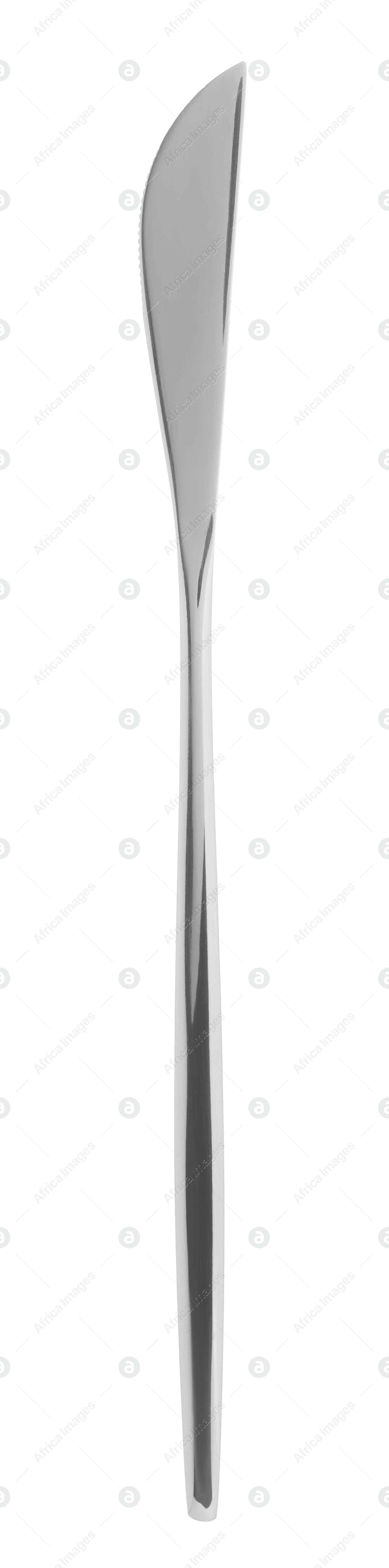 Photo of One new shiny knife isolated on white, top view