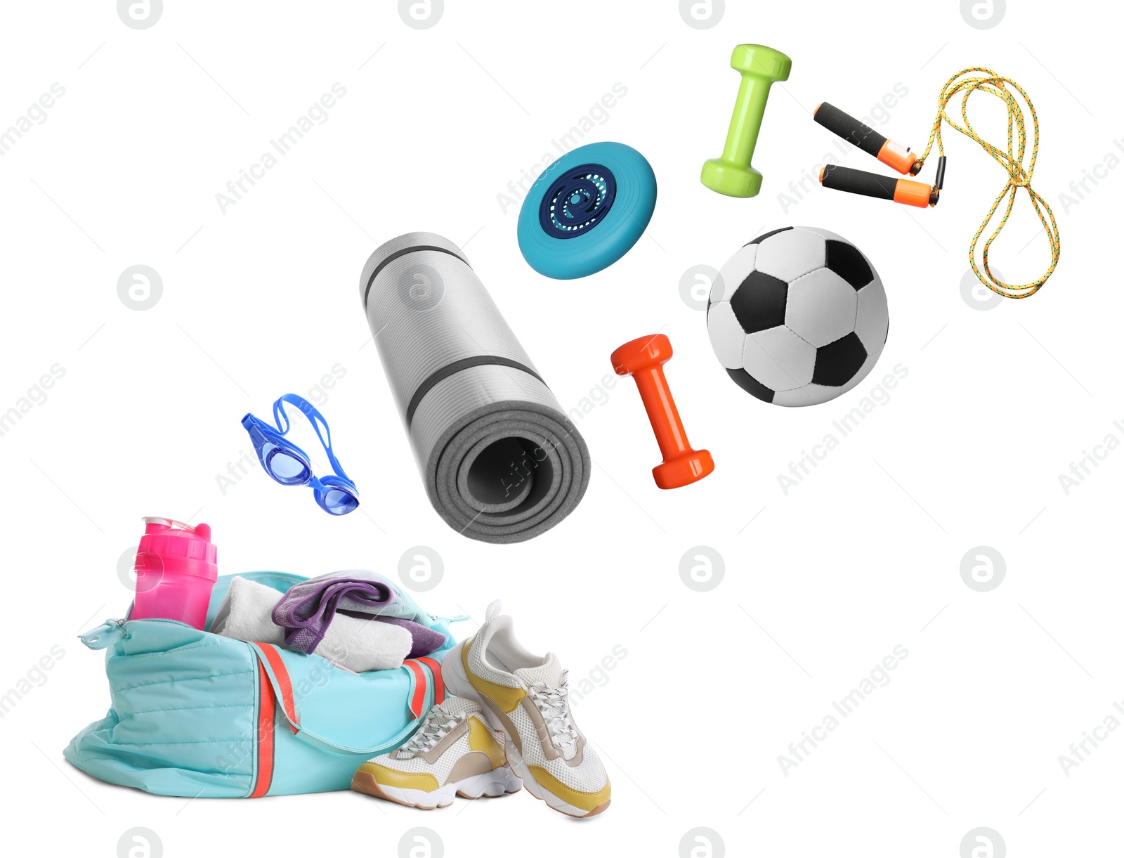 Image of Sports bag and different gym stuff flying on white background