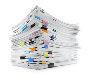 Photo of Stack of documents with colorful binder clips on white background