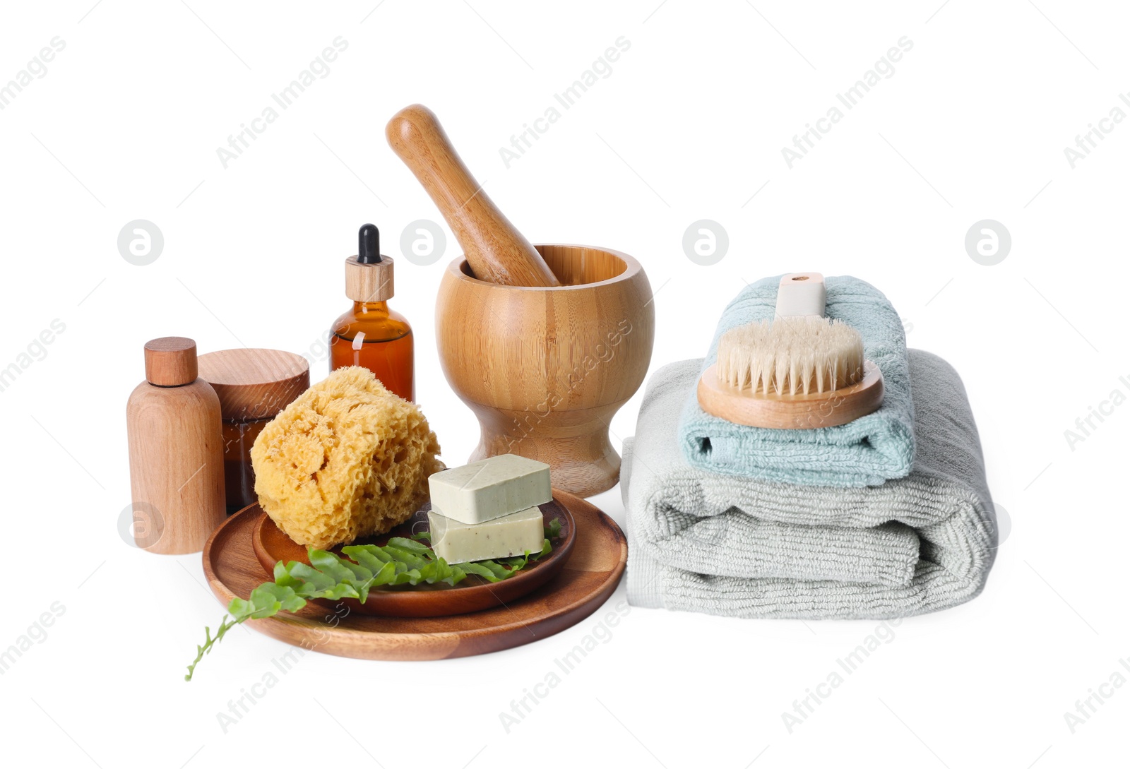 Photo of Different spa supplies and floral decor isolated on white