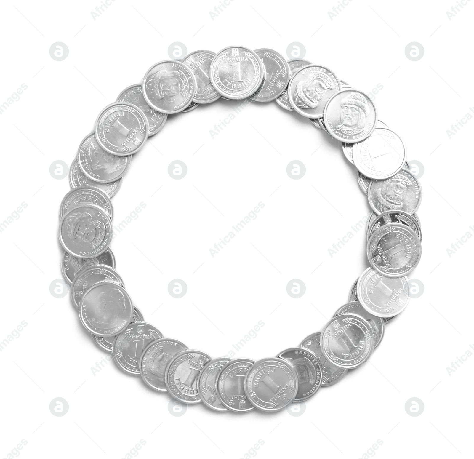 Photo of Frame of Ukrainian coins on white background, top view. National currency