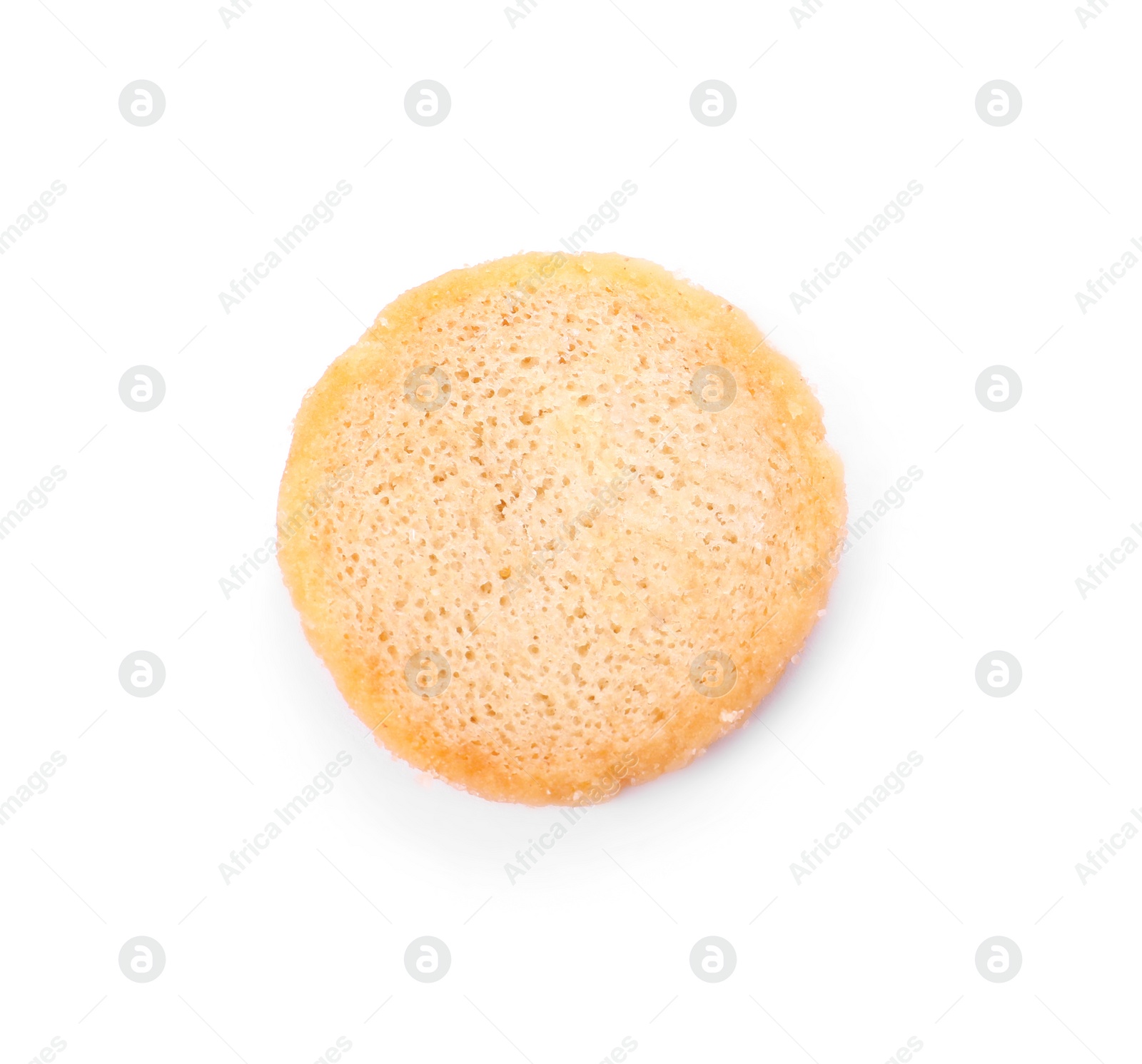 Photo of One delicious crispy rusk isolated on white, top view