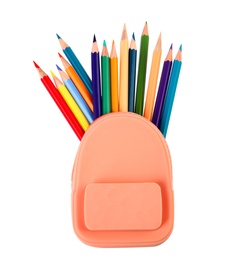 Photo of Small backpack full of color pencils on white background, top view