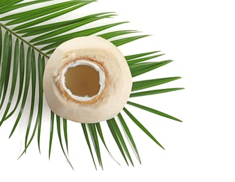 Photo of Fresh coconut water in nut on white background