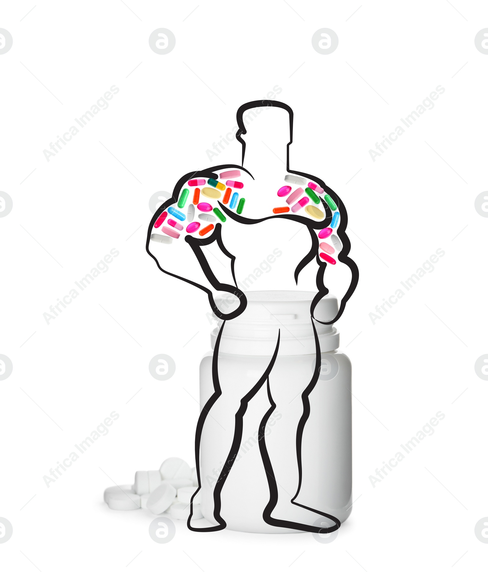 Image of Plastic bottle and silhouette of sportsman filled with pills symbolizing using doping on white background