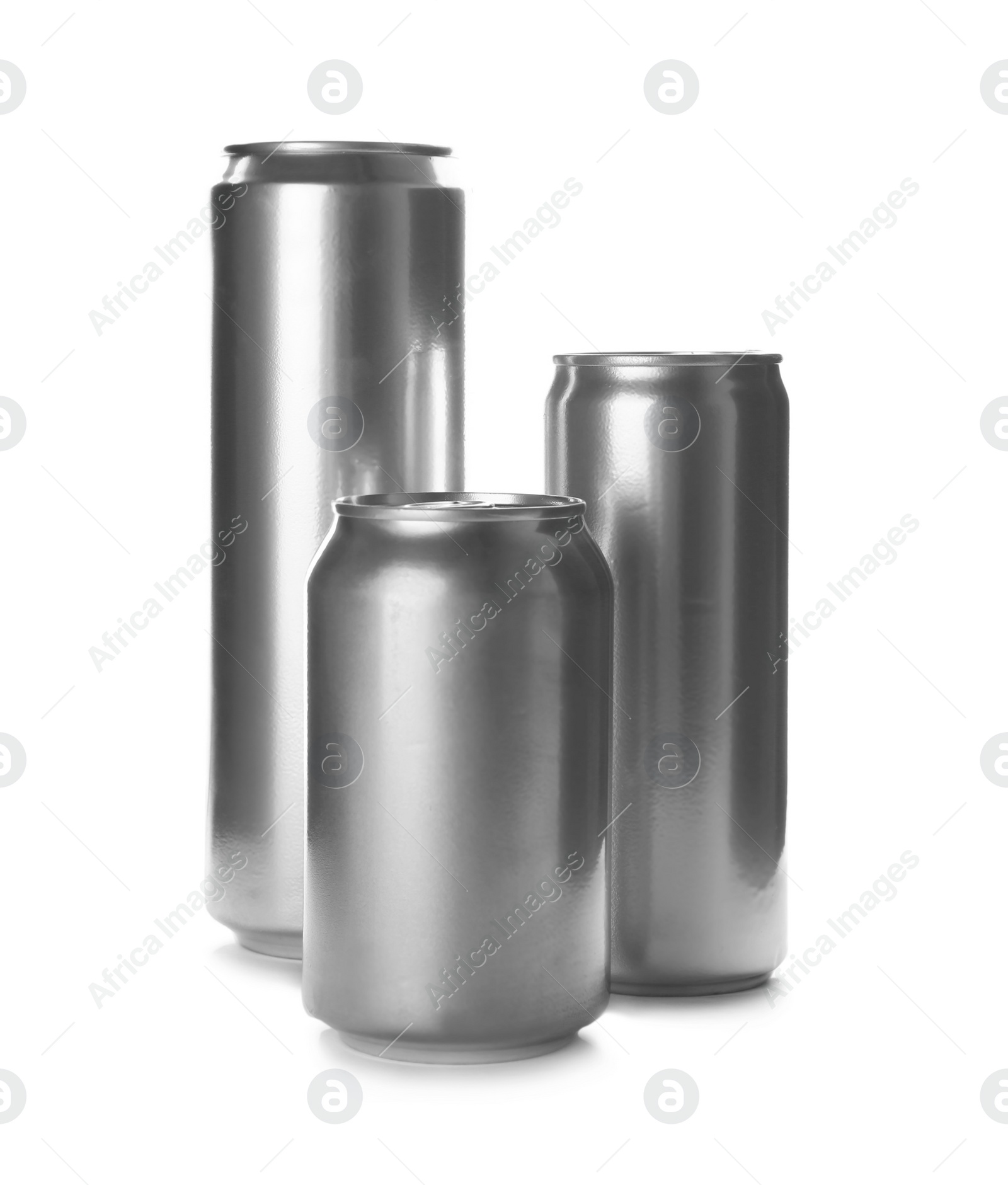 Photo of Tin cans with beverages on white background