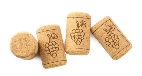 Image of Wine corks with grape images on white background, top view