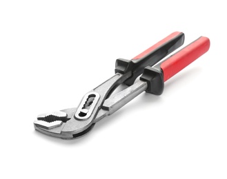 Photo of New water pump pliers on white background. Plumber's tool