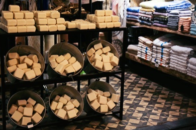 Photo of Showcase with assortment of soap bars in store