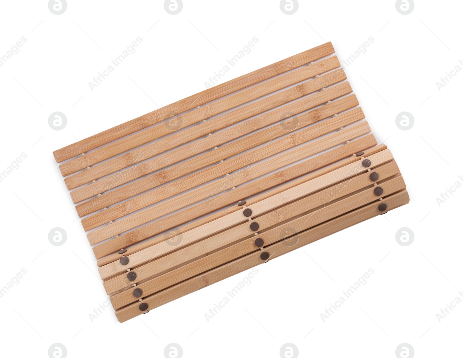 Photo of Bamboo rug isolated on white, top view. Bath accessory