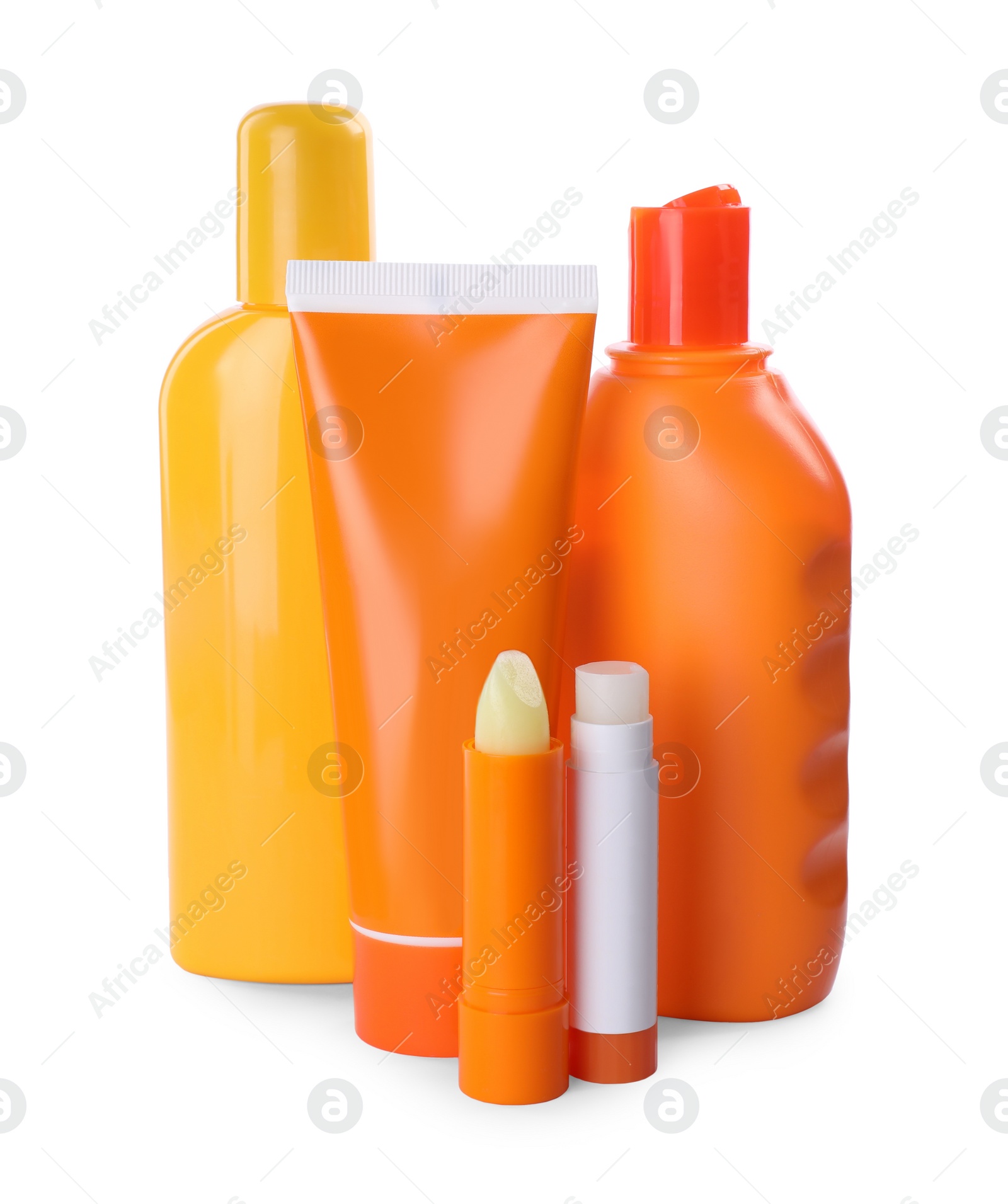 Photo of Sun protection cosmetic products on white background