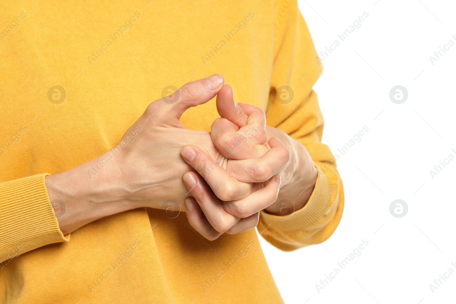 Photo of Woman cracking her knuckles on white background, closeup. Bad habit