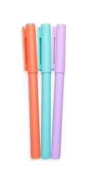 Photo of Many colorful markers on white background, top view