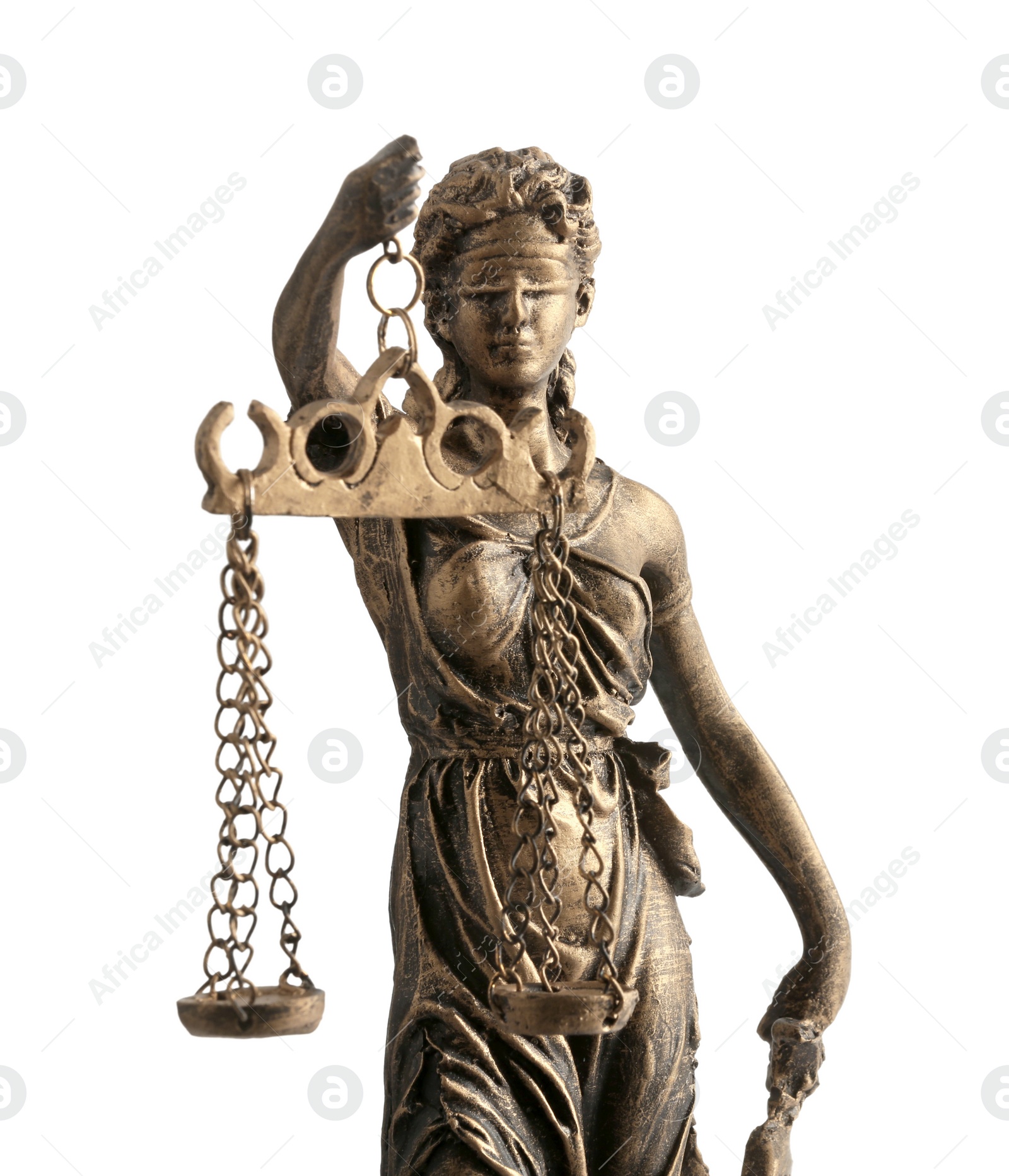 Photo of Statue of Lady Justice isolated on white. Symbol of fair treatment under law