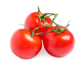 Photo of Branch of fresh cherry tomatoes isolated on white