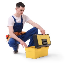 Professional repairman with tool box on white background