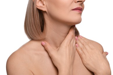 Photo of Woman touching her neck on white background, closeup