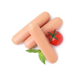 Photo of Delicious boiled sausages, tomato and basil on white background, top view